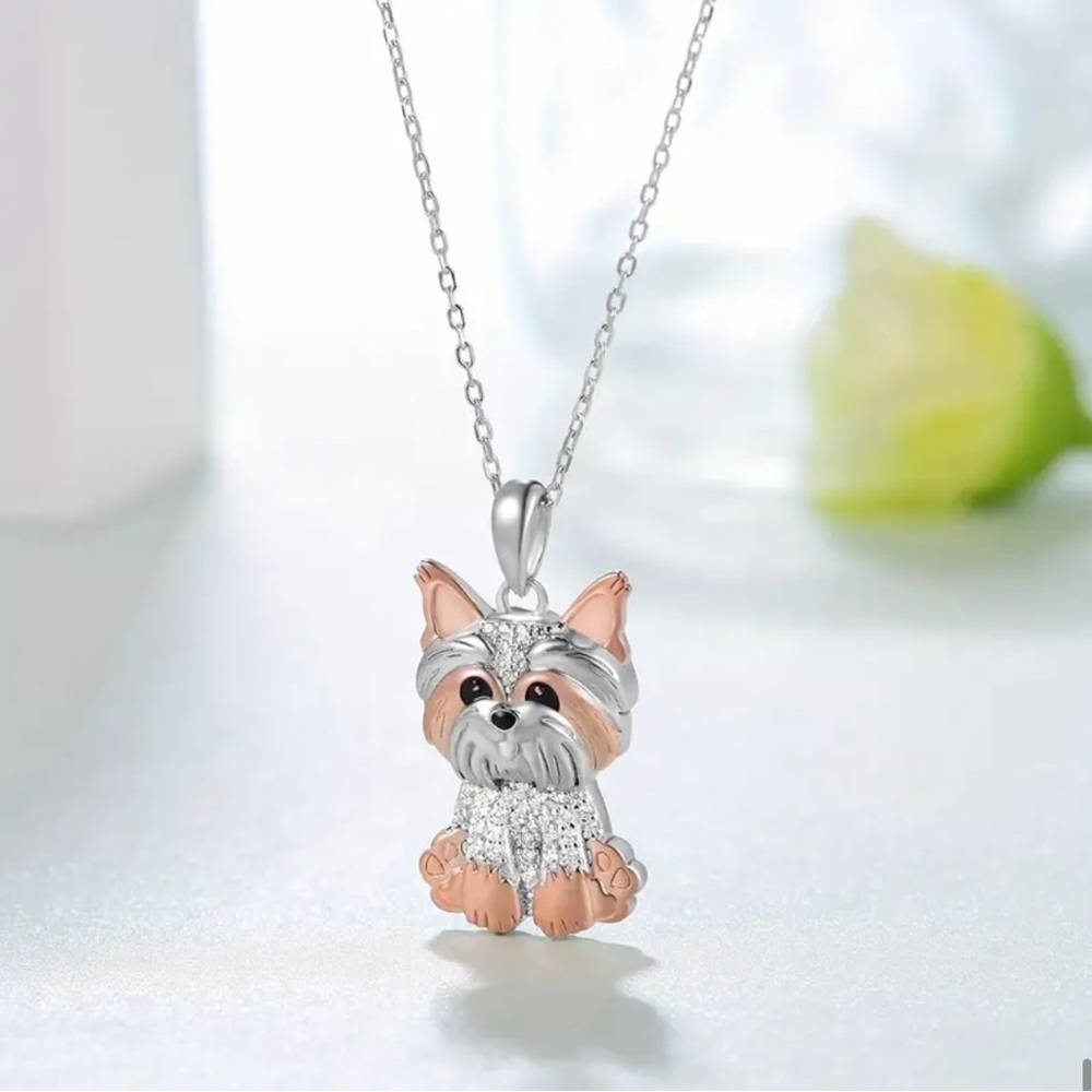 ✨ Rose Gold Yorkie Dog Crystal Pendant Necklace 19.68in-NWT
